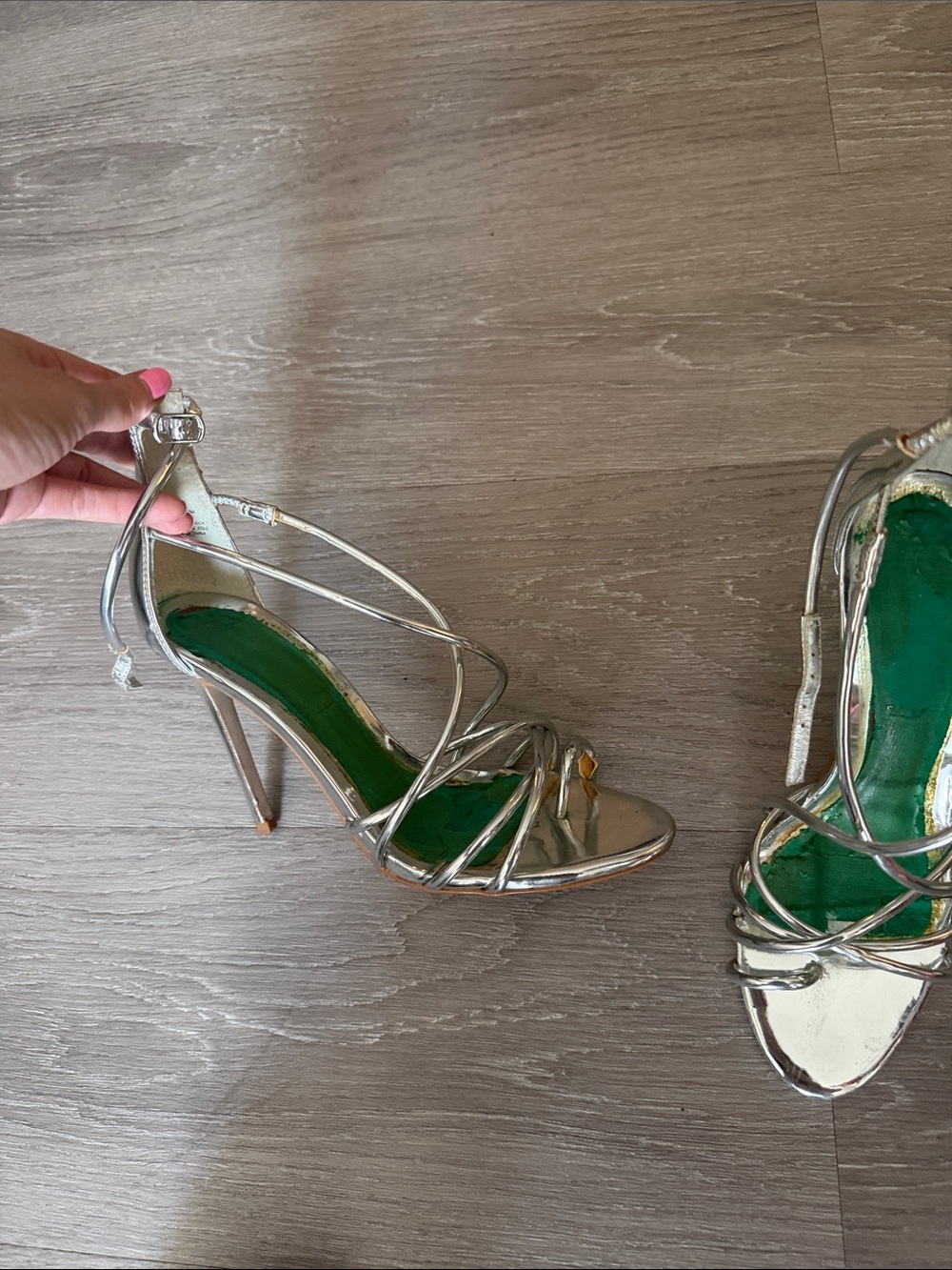 Steve Madden Metallic Silver Strappy Heels with Green Insole